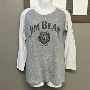 Jim Beam Women’s Heather Gray & White Baseball Long Sleeve Cotton T-Shirt- Large